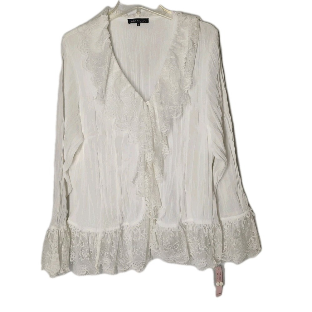 NWT Violet & Claire Womens 1X Boho Shabby Chic Ivory Ruffle Lace Shirt
